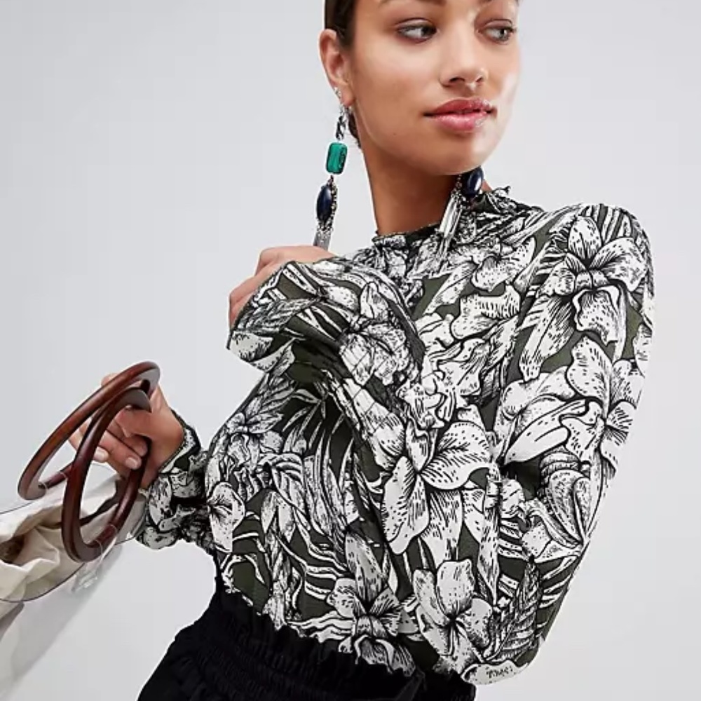 AX Paris Floral Blouse Top Olive Khaki White Long Sleeve Office Dressy US6